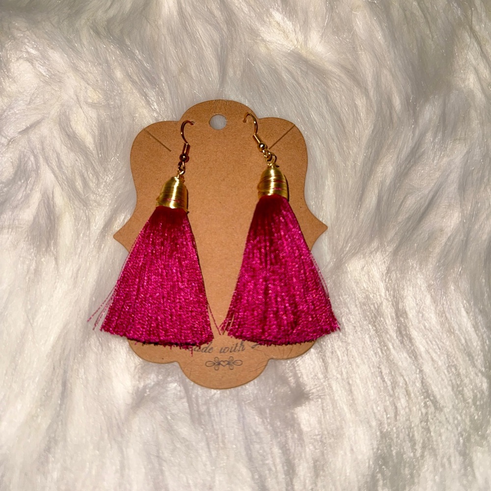 Handmade Tassel Statement Earrings 3” Boho Fringe Gold Hook – Hot Pink Tassel